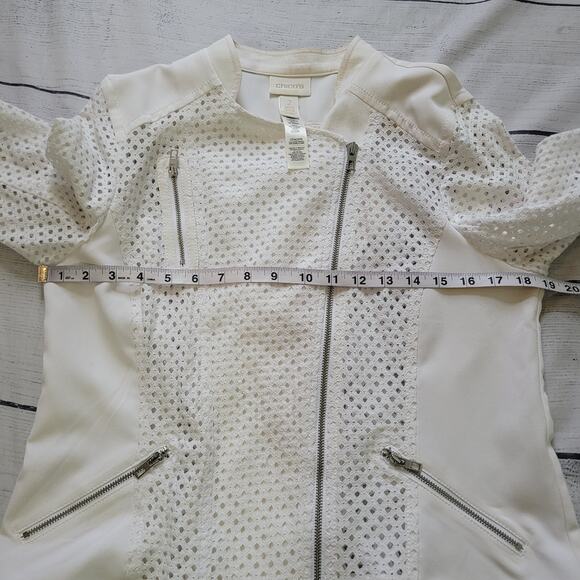 Chico's Size 2 US L Diamond Mesh Moto Jacket White Layer Mature Office Zipper - Picture 5 of 10